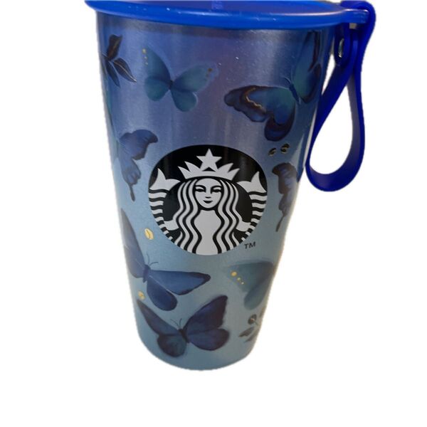 スタバ ストラップカップシェイプ ステンレスボトル ブルーバタフライ 355ml 真空 水筒 コップ カップ 持ち運び 保温 保冷