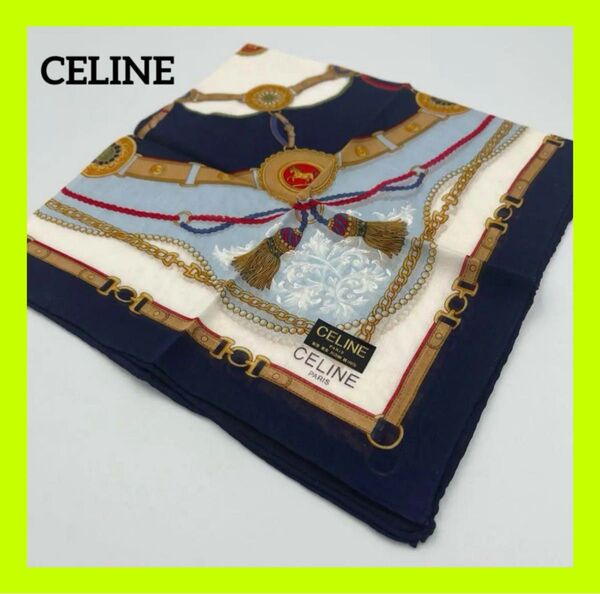 【新品】CELINE(セリーヌ) ネイビー シルク ハンカチ