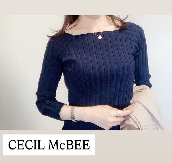 CECIL McBEE トップス ネイビー リブニット M サイズ 七分袖 おしゃれ かわいい セシルマクビー 美品