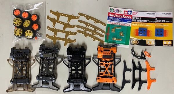 ミニ四駆 スーパーXシャーシ レッド カーボン強化 アルミステー ワンウェイホイール まとめ売り ジャンク タミヤ