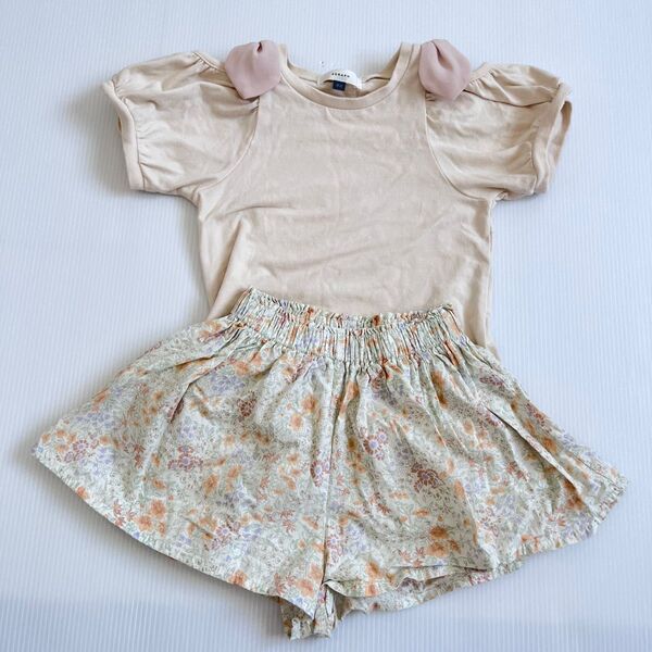 seraph 肩リボン Tシャツ ninibello 花柄ショートパンツ XS 2着セット 韓国子供服 バースデイ しまむら