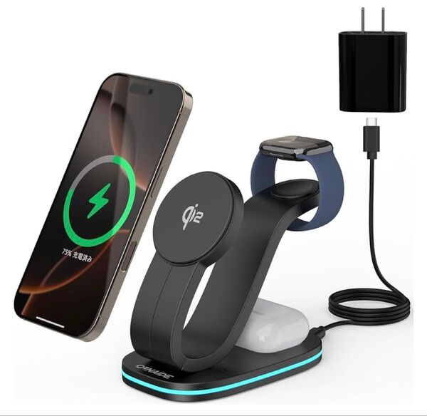 Qi2認証 ワイヤレス充電器 3 in 1 Mag-Safe式 アップルウォッチ
