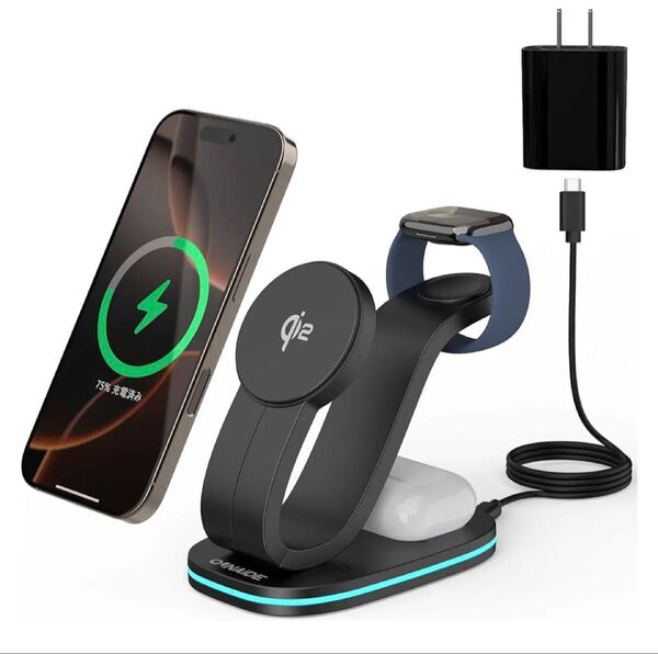 Qi2認証 ワイヤレス充電器 3 in 1 Mag-Safe式 アップルウォッチ