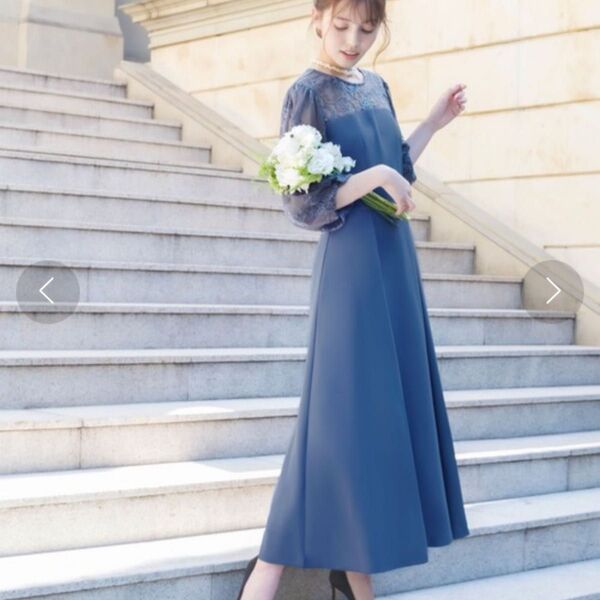girl レース切替えパフスリーブ フレア ロング結婚式 ワンピース パーティードレス