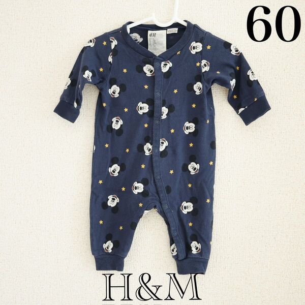 【H&M】60★ミッキー柄ロンパース★ネイビー★1M-2M★出産準備 長袖 ベビー服 ベビー カバーオール