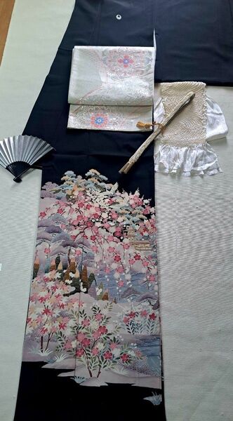 逸品 作家もの正絹手描友禅黒留め袖比翼仕立て 5つ紋 6点フルセット