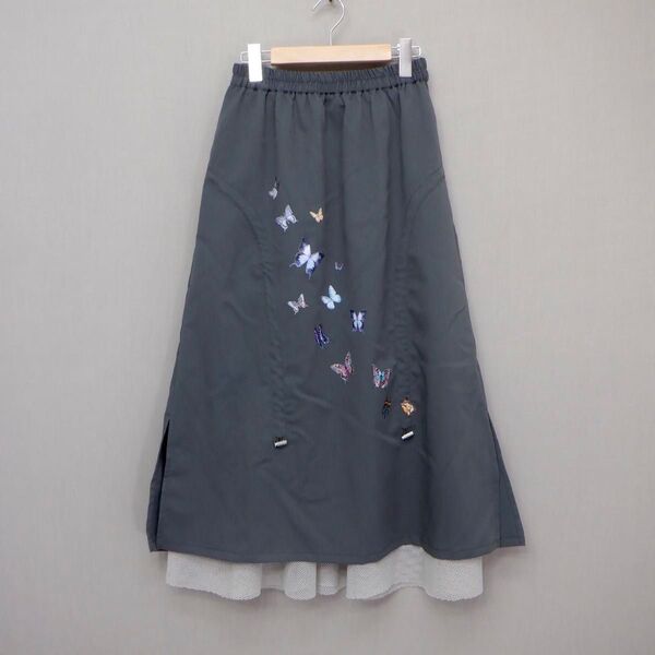 蝶柄プリント メッシュ切替スカート