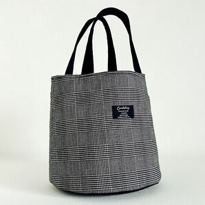 ハンドメイド グレンチェック柄プリント 綿麻キャンバス生地 丸底トートバッグ♪