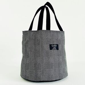 ハンドメイド グレンチェック柄プリント 綿麻キャンバス生地 丸底トートバッグ♪