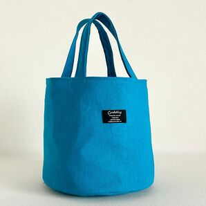 ハンドメイド ターコイズブルー 無地生地 綿麻 キャンバス 丸底トートバッグ♪