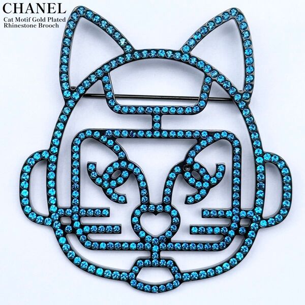 【美品】CHANEL シャネル B17S ブローチ 猫モチーフ GP ラインストーン 正規品 猫 ヘッドホンモチーフ