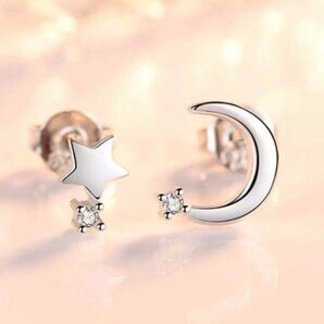 シルバー925 月 星 非対称 ピアス スタッド シンプル