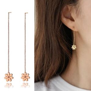 サージカルステンレス フラワー ロング チェーン ピアス ピンクゴールド