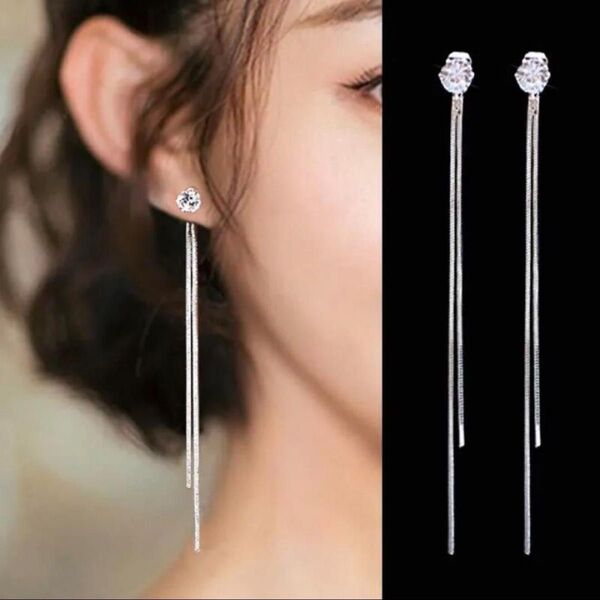 2way パール 両耳 揺れる ロング クリスタル タッセル ピアス ジルコニア シルバー シンプル 韓国 上品 お呼ばれ 結婚式