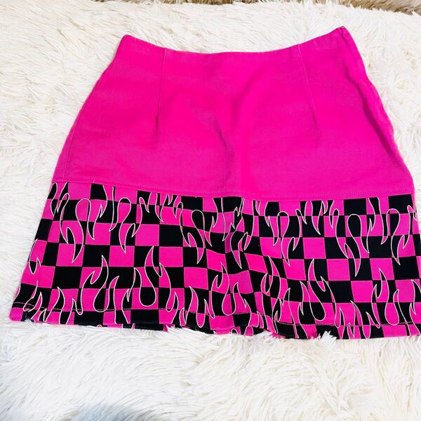 美品 X-girl エックスガール 台形 ミニスカート HOTROD SKIRT 炎柄 ピンク