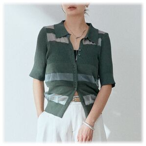新品 ミックス編みニットポロ/グリーン esica