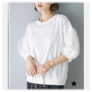 ★新品 チュールパール半袖トップス/ホワイト frene