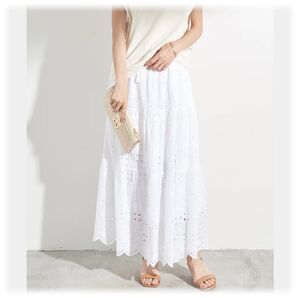 ★新品 コットンレースティアードスカート/ホワイト frene