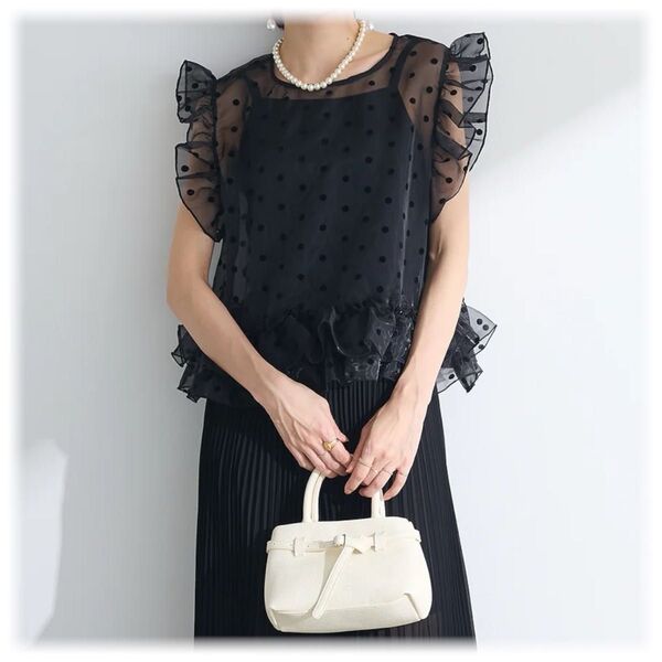 ★新品 フロッキードットチュールシアートップス/ブラック frene