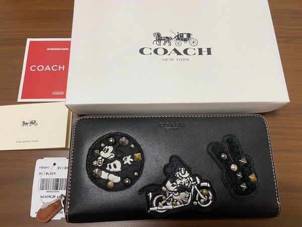 新品 COACH コーチ レザー 長財布 ワッペン ディズニー ミッキーマウス ラウンドファスナー 黒 ブラック F59340
