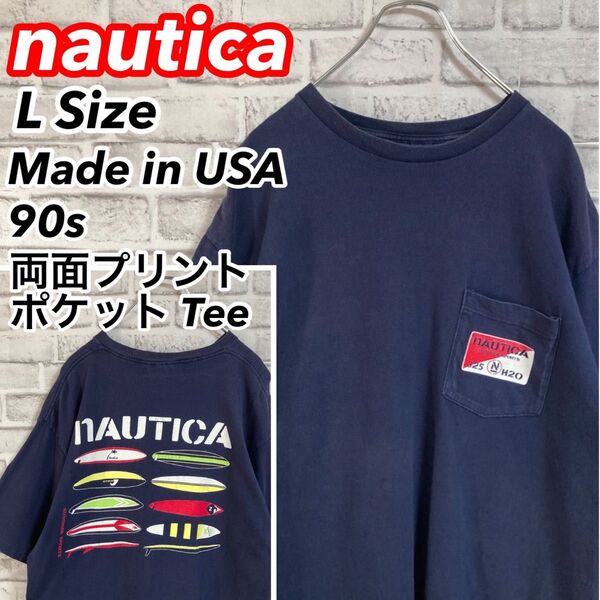 激レア両面プリントTee★nautica ノーティカ USA製 90s vintage 胸ポケット サーフ アメリカ USA 古着