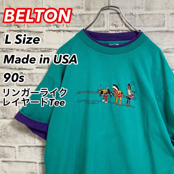 激レアレイヤードTee★リンガーライクTシャツ USA製 90s 刺繍 ツートン vintage ネイティヴアメリカン 古着