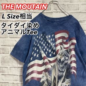 レアアニマルTee★The mountain タイダイ染 Tシャツ アニマル 狼 オオカミ 星条旗 国旗 アメリカ USA 古着