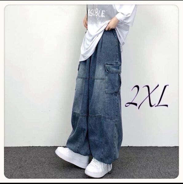 デニム カーゴパンツ ワイド 2XL ワークパンツ ジーンズ ビンテージ 裾絞 男女兼用 カジュアル ストリート XXL