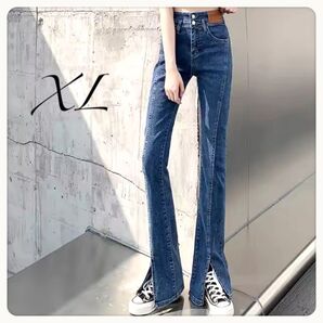 デニム ストレッチジーンズ ブーツカット スリット入り y2k フレア XL ジーンズ パンツ