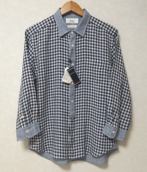 【新品】NOLLEY'S メンズ リネン 七分袖 切替 チェックシャツ L ブルー