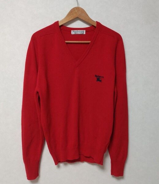 ☆Vintage☆ 80s BURBERRYS ラムズウール 薄手ニット L レッド