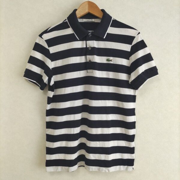 【美品】LACOSTE 日本製 メンズ 半袖 ポロシャツ L ネイビー/ホワイト
