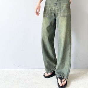 「JAVAジャバコラボ」ヴィンテージ加工ハイウエストベイカールーズデニムパンツ