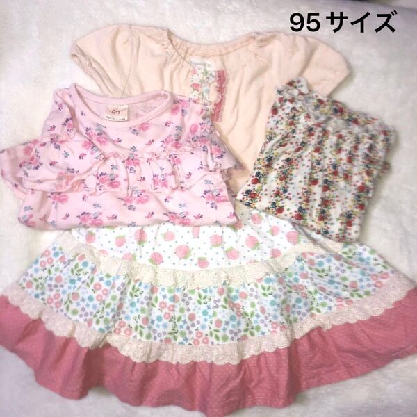 女の子用トップス 95サイズ 3枚セット ワンピース Tシャツ 花柄ふんわりカットソーbiquette