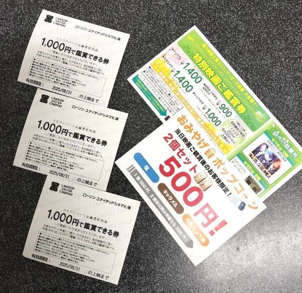 ユナイテッドシネマ・1000円で鑑賞できる券3枚、映画特別ご鑑賞券、おみやげポップコーン券