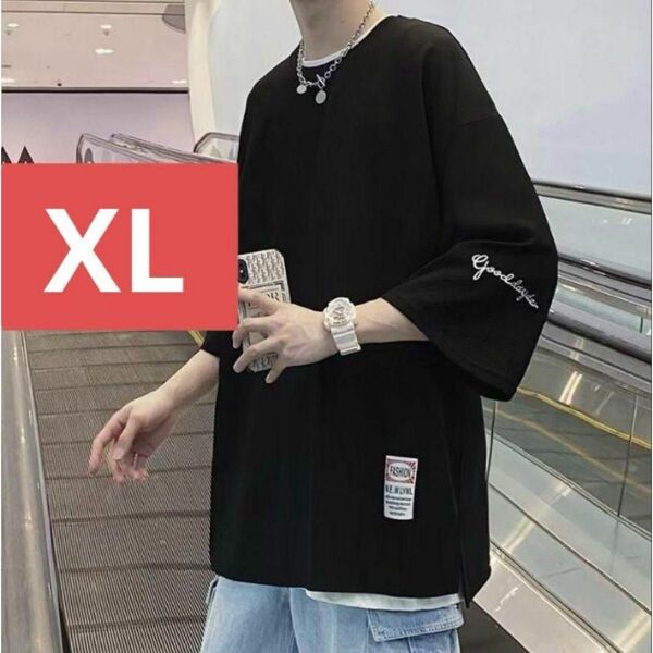 メンズTシャツ七分袖トップス(ブラックXLサイズ)春夏秋ゆったりおおきめ042