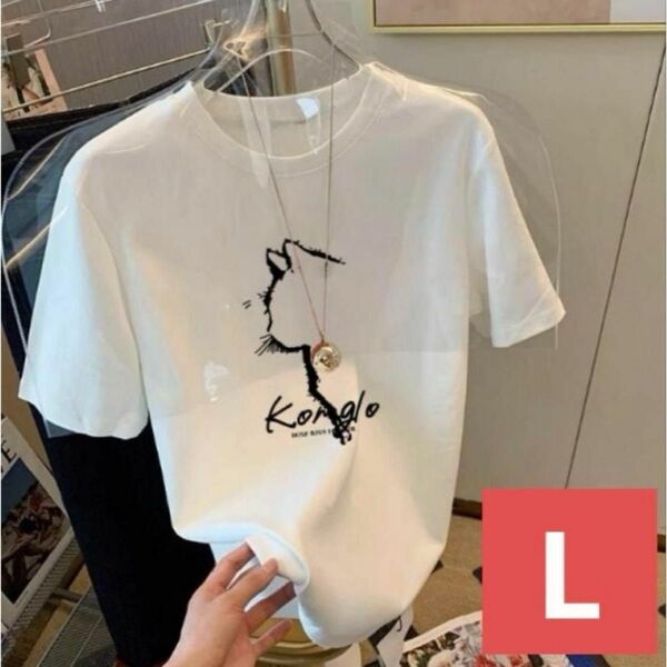 ネコTシャツ(ホワイトLサイズ)春夏秋半袖かわいい猫TねこTしろ白T089