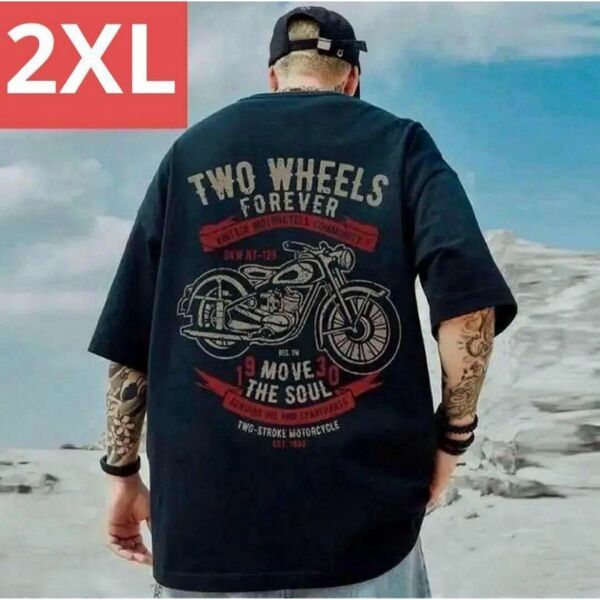 メンズバイクTシャツ半袖トップス(ブラック2XLサイズ)春秋シンプルプリント洋服