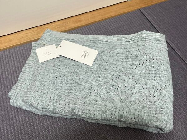 ZARA home ライトブルー 透かし編み コットンブランケット 70x100 cm