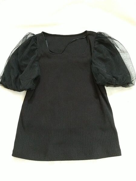 GU リブ シフォン バルーン袖 半袖カットソー
