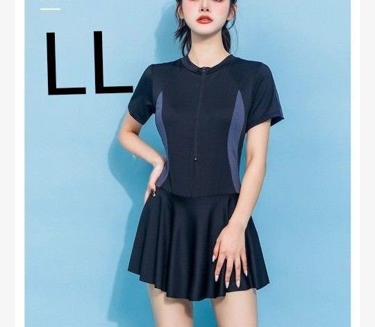 水着 ラッシュガード レディース 大きめサイズ ワンピース LL ワンピ ネイビー スカート 体型カバー 黒 swimsuit