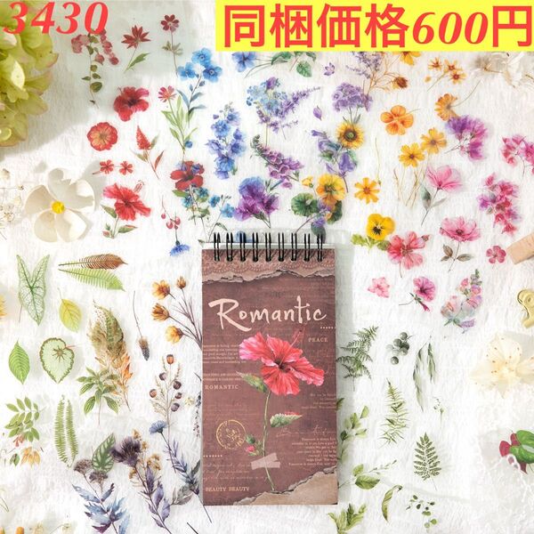 大容量多種類植物花柄PET装飾シールブック 1種50シート 季節の浪漫シリーズ