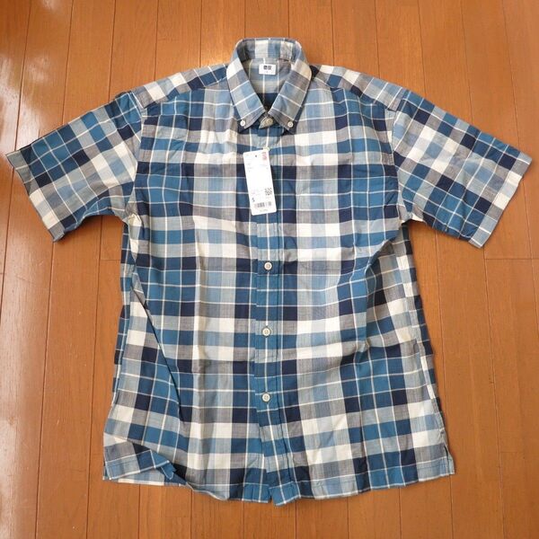 UNIQLO ユニクロ ブルー マドラスチェックシャツ 綿100% 半袖 表示Sサイズ→実質Mサイズ 新品未使用