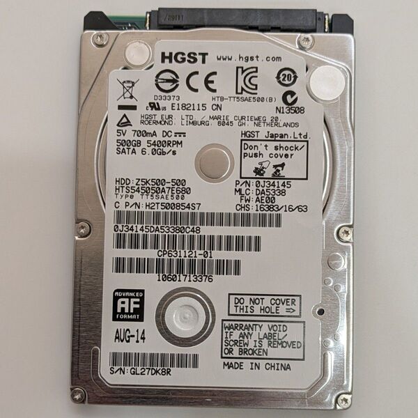 HGST HDD 2.5インチ 500 GB 使用時間 3101時間