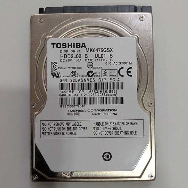 TOSHIBA HDD 2.5インチ 640 GB 使用時間 769時間