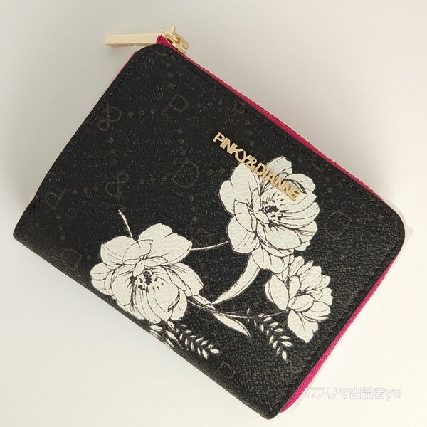 新品 未使用 Pinky&Dianne ピンキー&ダイアン L字 ファスナー 折り財布 ブラック 黒 フラワーペイント 花柄