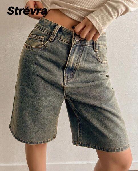 SHEIN Strvra ウィメンズルーズフィットバミューダデニムショーツ ポケット付き Y2K,半ズボン