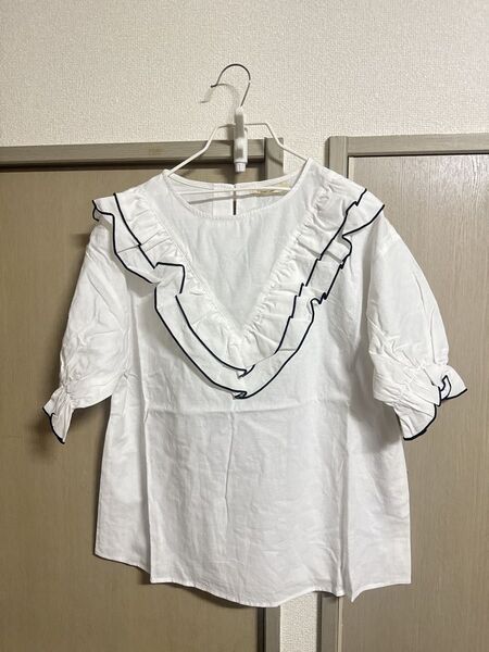新品 miyoshi ehka sopo 切替フリルブラウス 半袖 トップス ホワイト ブラウス フリル