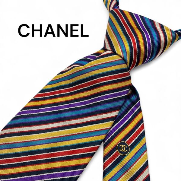 【美品】CHANEL シャネル ネクタイ ココマーク ロゴ ストライプ しましま
