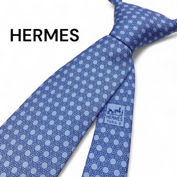 HERMES エルメス ネクタイ ロゴ 総柄 ブルー